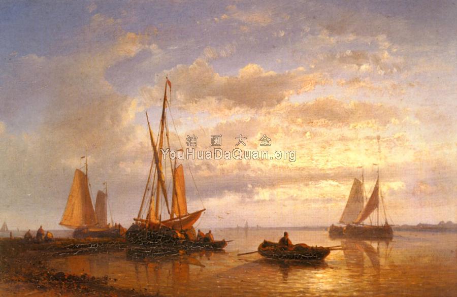 Dutch Fishing Vessels In A Calm At Sunset - 亚伯拉罕·胡克·二世